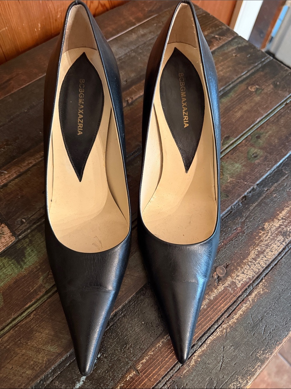 BCBGMaxAzria Black Pointed Toe Leather Heels